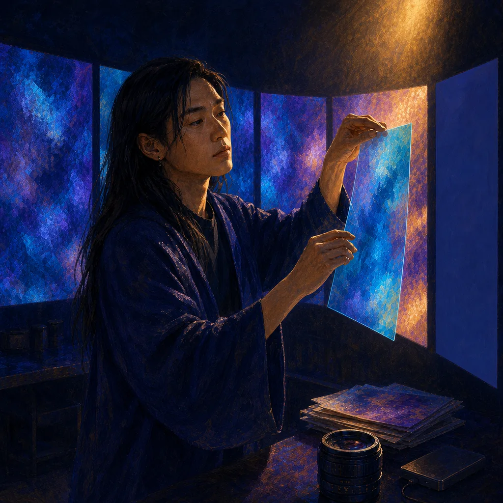 FRPJ 赛博印象派在靛蓝投影前为系列作品叠加透明色层
